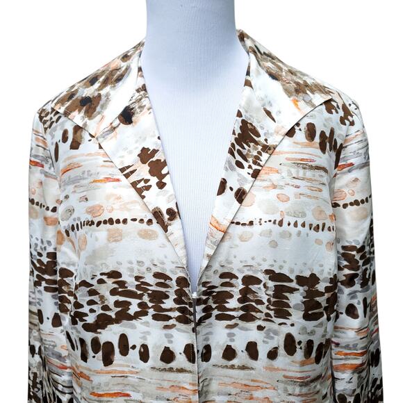Chico's Sz 1 Brown Orange White Silk Jacket Geometric Hidden Closure Chicos M 8 - Picture 2 of 16